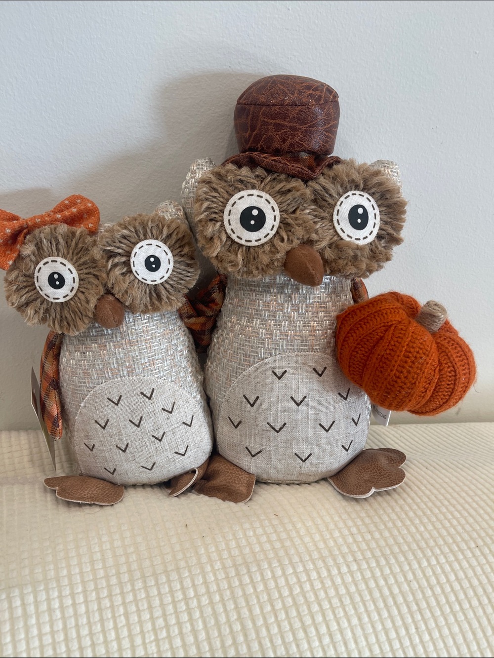 Fall Owl Plush Décor Pair with Orange Knit Pumpkin